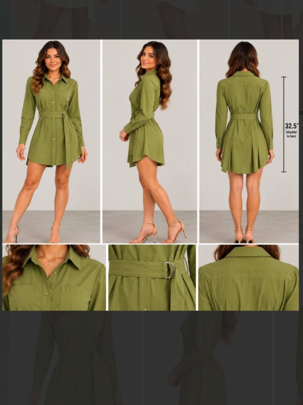 Timing Olive Green Shirt Mini Dress with D-Ring Belt Woman stretchy